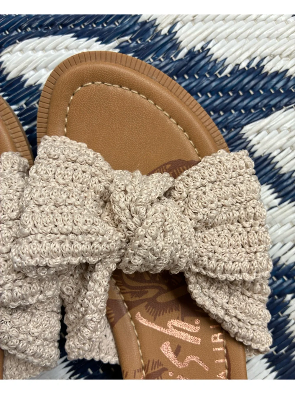 Malibu Crochet Bow Slide Sandals in Beige/Tan